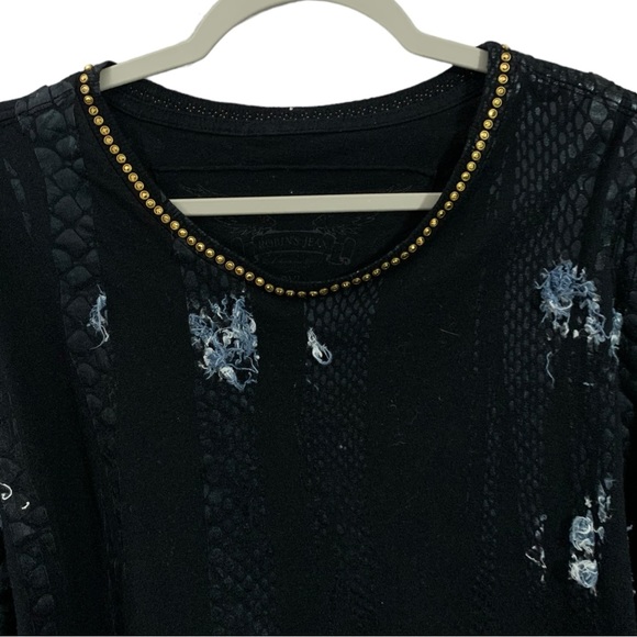 Robin’s Jean Black Snake Skin Denim Fray Patch Work Moto T-shirt Mens Size 2XL - Picture 2 of 8